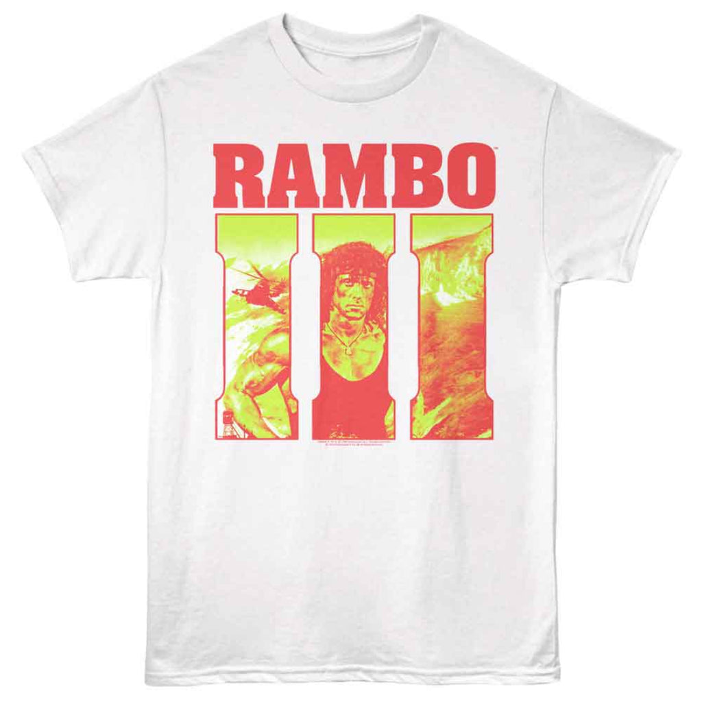 White t-shirt with 'RAMBO III' graphic design on a white background