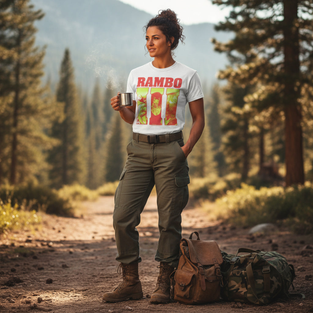 WOMAN WEARING White t-shirt with 'RAMBO III' graphic design  RAM5112S, RAM5112M, RAM5112L, RAM5112XL, RAM5112XXL, RAM5112XXXL, RAM5112XXXXL, RAM5112XXXXXL