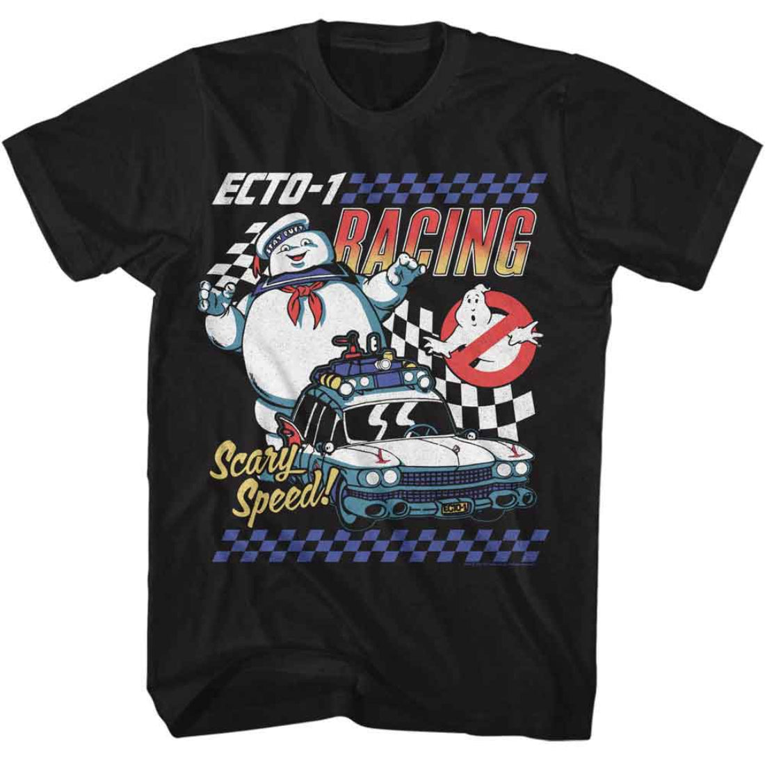Black Ghostbusters t-shirt with 'ECTO-1 Racing' graphic featuring a ghost and car, on a white background.