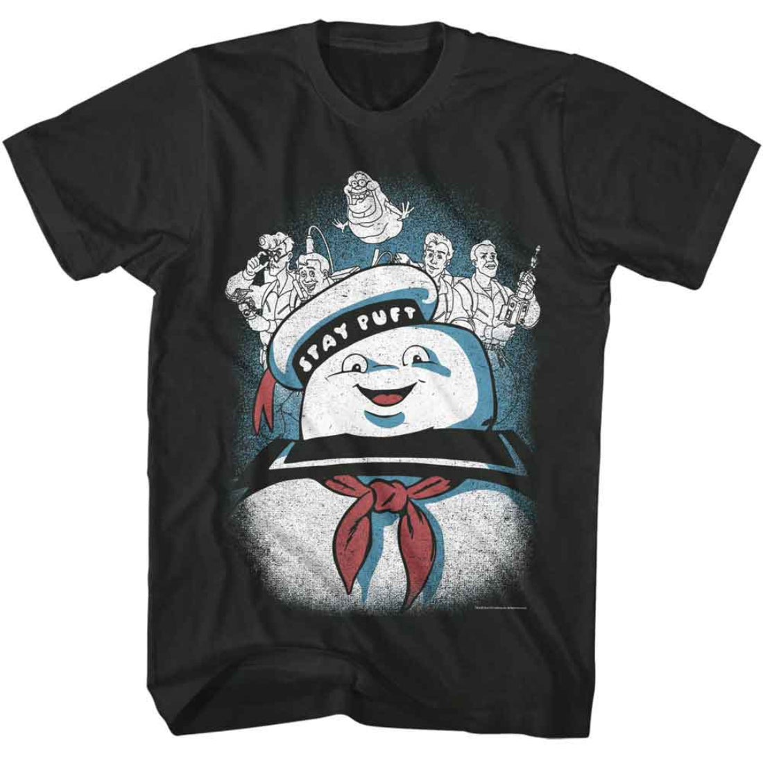 Black t-shirt with 'Stay Puft' graphic design featuring the iconic character from Ghostbusters.