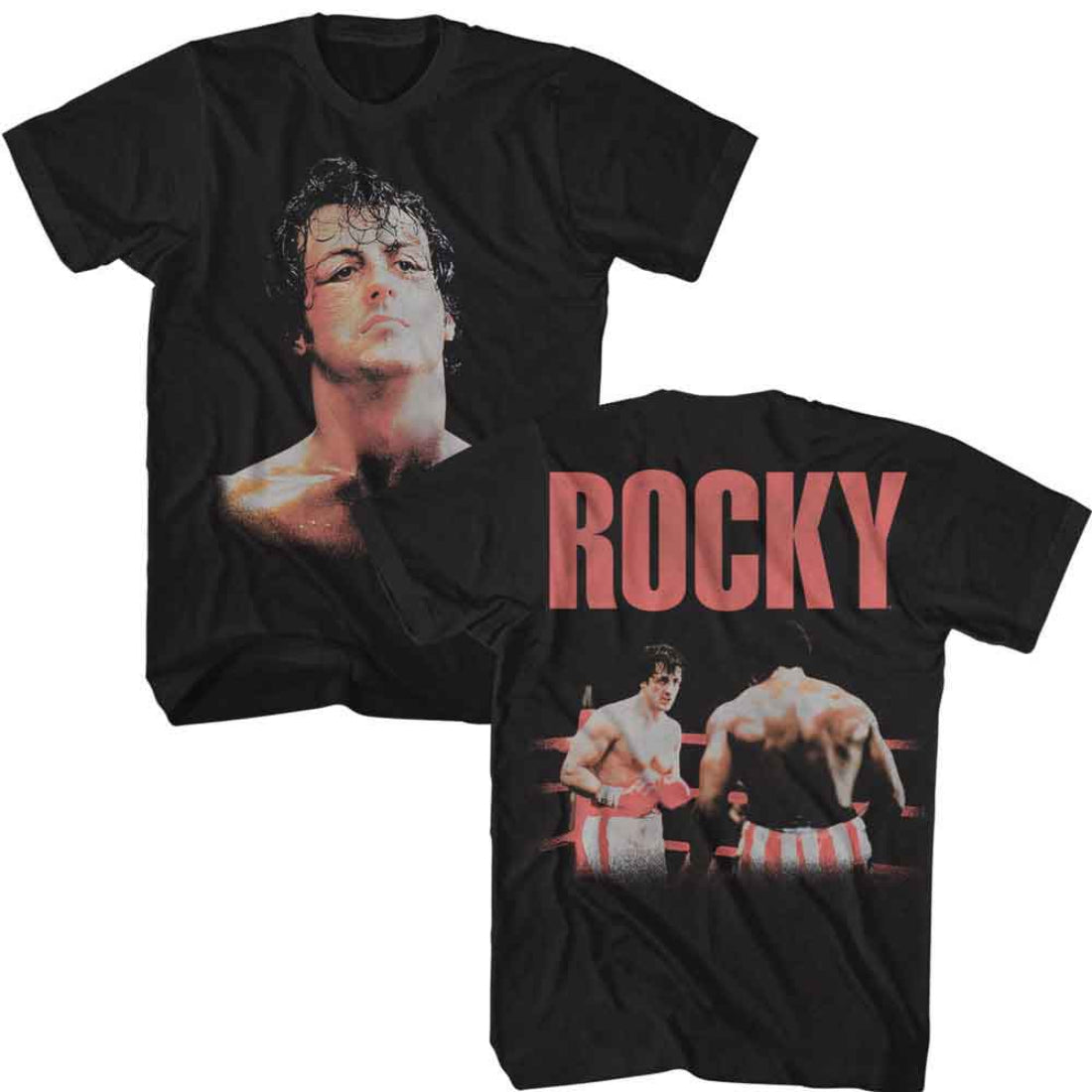 Black t-shirt with 'Rocky' graphic featuring a boxer and the word 'Rocky' on a white background.