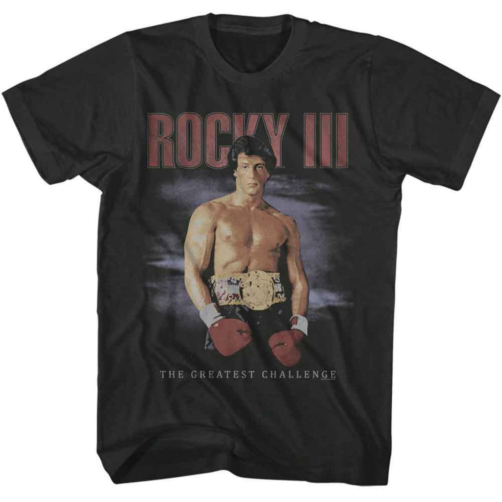Black t-shirt with Rocky III graphic featuring a boxer and text on a white background