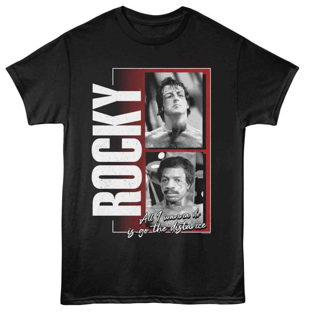 Black t-shirt with 'Rocky' graphic featuring images of a boxer and text on a white background