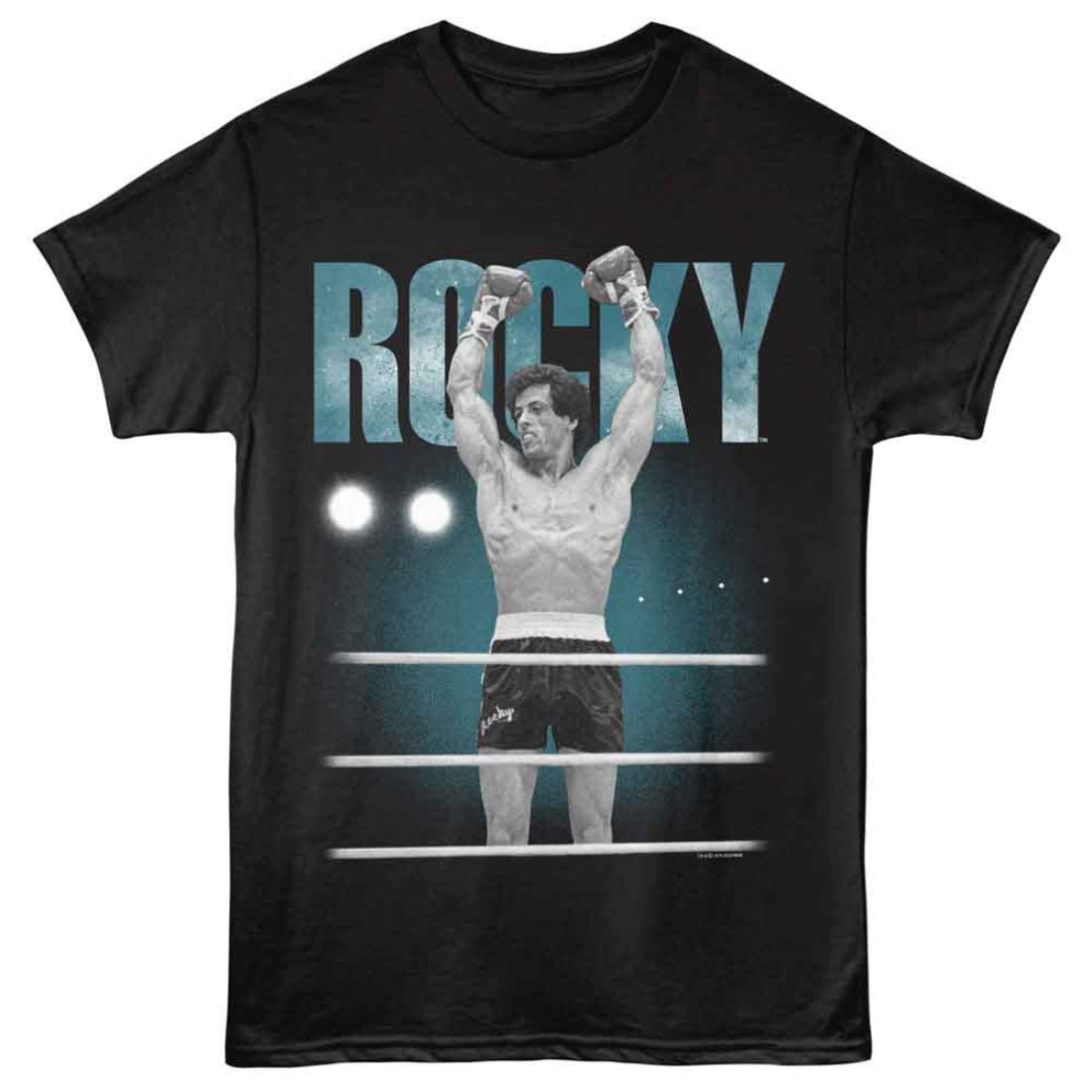 Black t-shirt with a graphic of a boxer in a ring and the word 'Rocky' on a white background