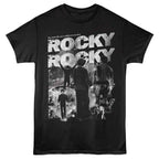 Black t-shirt with 'Rocky' graphic design featuring a silhouette of a man and text.