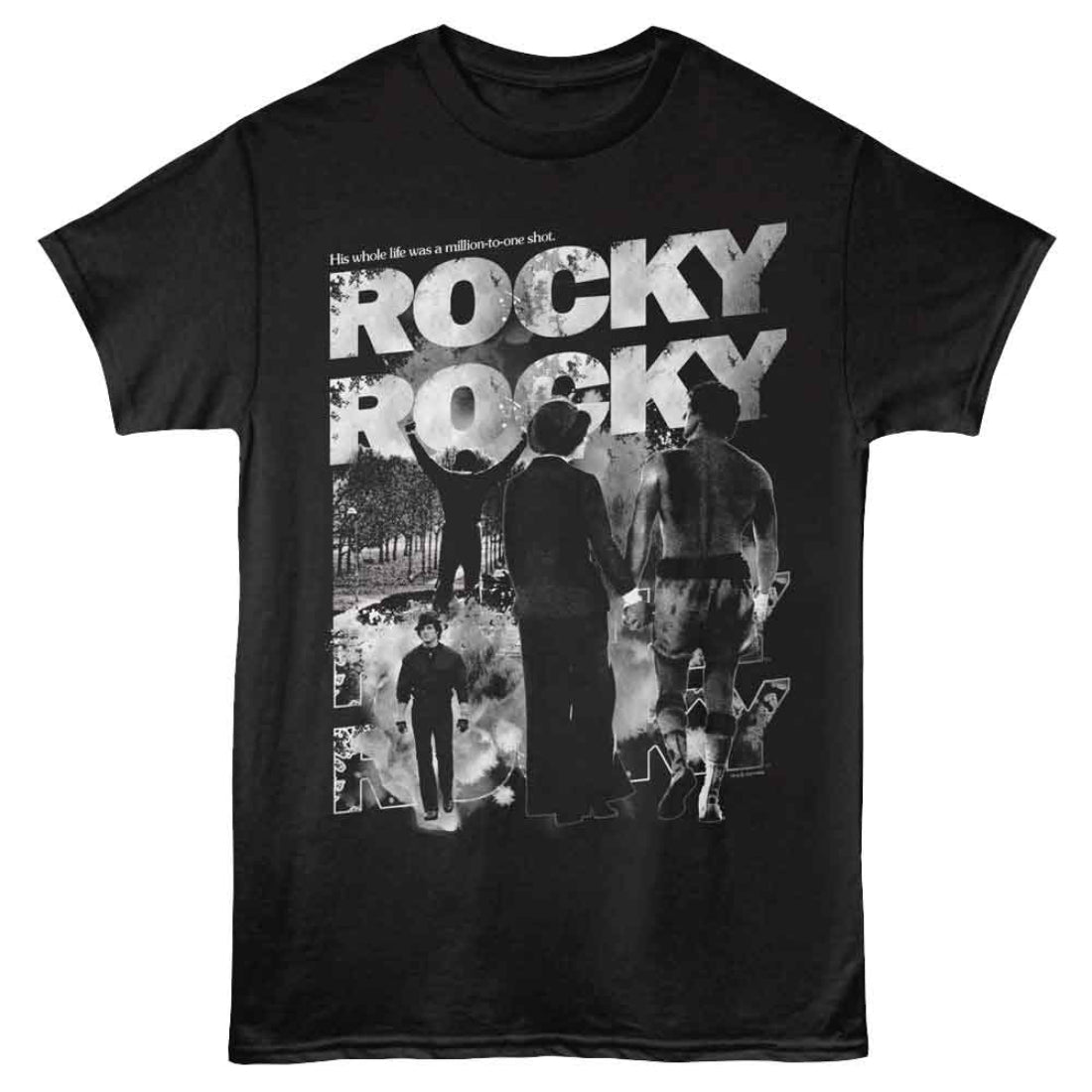Black t-shirt with 'Rocky' graphic design featuring a silhouette of a man and text.