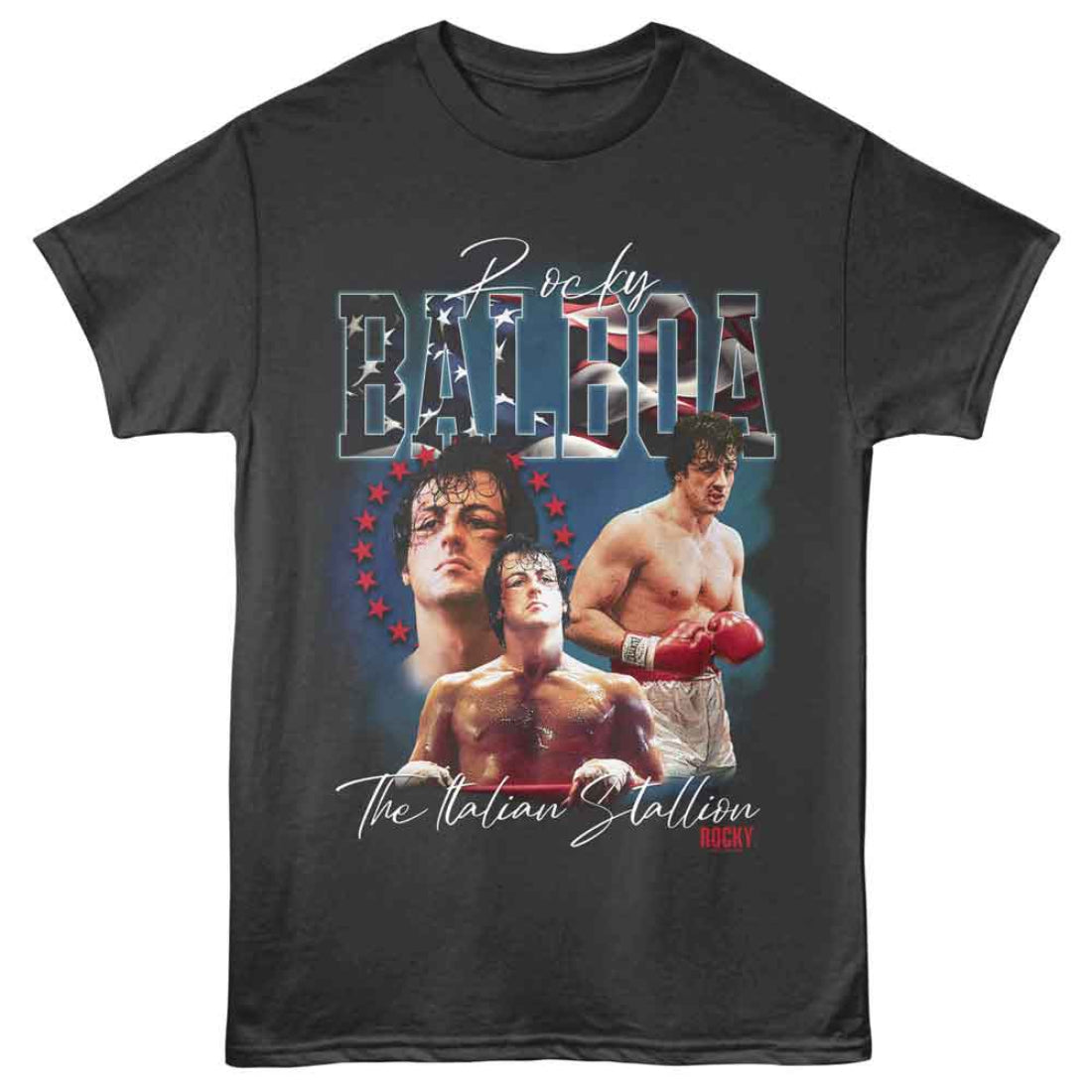 Black t-shirt with Rocky Balboa graphic featuring three images of a boxer and text.