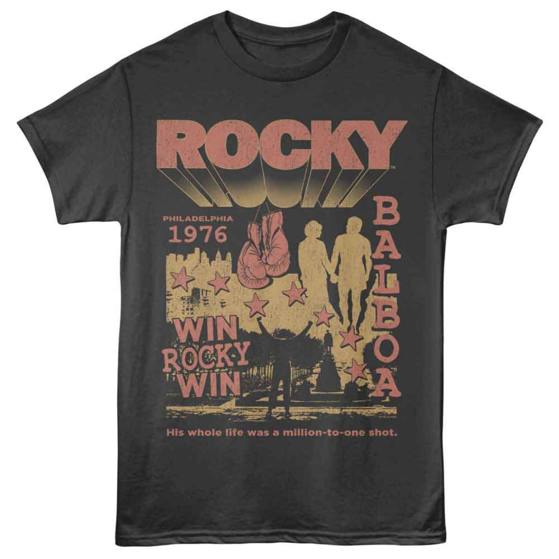 Black t-shirt with Rocky Balboa graphic design on a white background