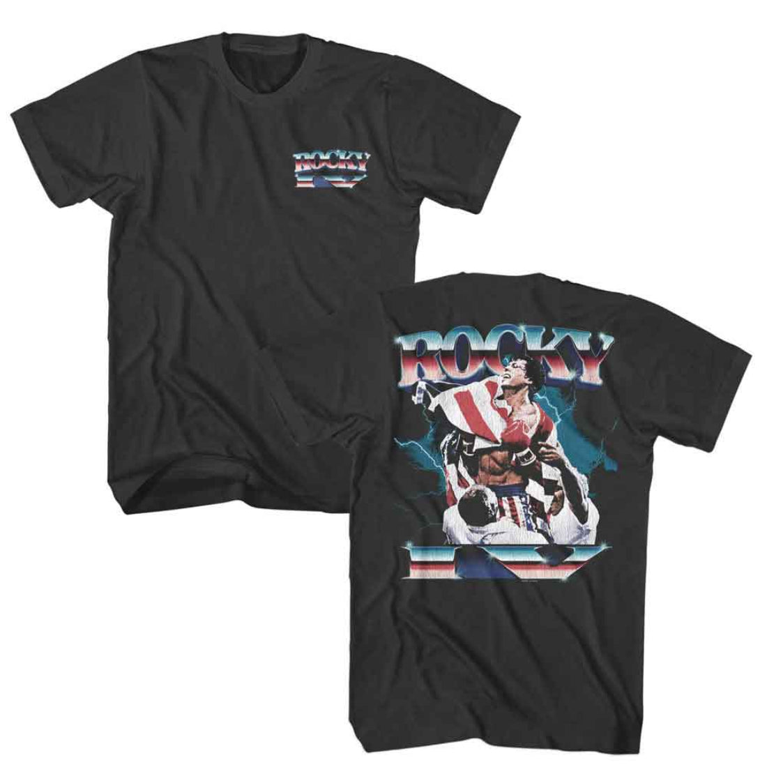 Black t-shirt with 'Rocky' graphic on front and back, featuring a boxer and American flag design.
