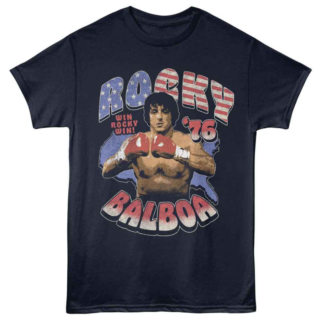 Navy blue t-shirt with Rocky Balboa graphic and text on a white background