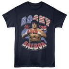 Navy blue t-shirt with Rocky Balboa graphic and text on a white background