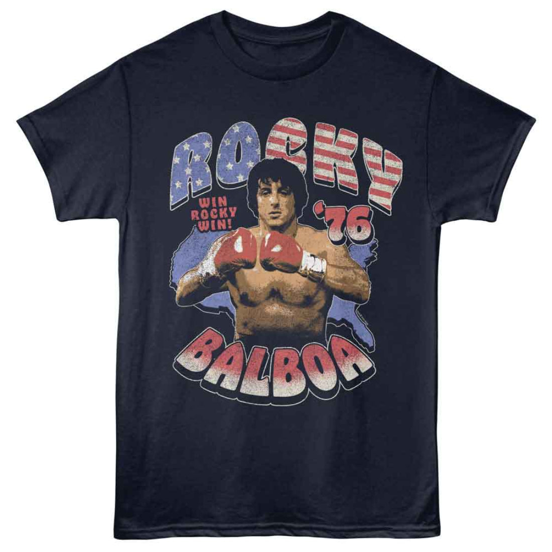 Navy blue t-shirt with Rocky Balboa graphic and text on a white background