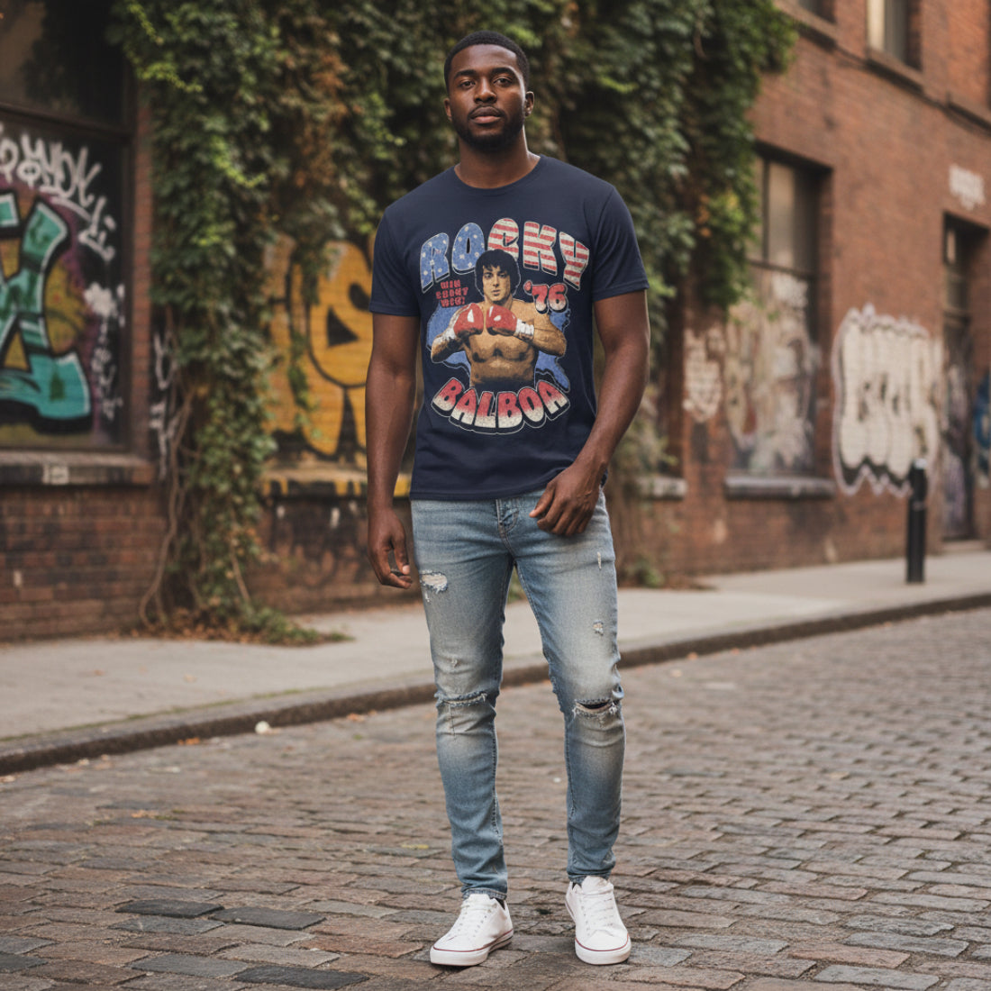 Man wearing Navy blue t-shirt with Rocky Balboa graphic and text  RK5651S, RK5651M, RK5651L, RK5651XL, RK5651XXL, RK5651XXXL, RK5651XXXXL, RK5651XXXXXL