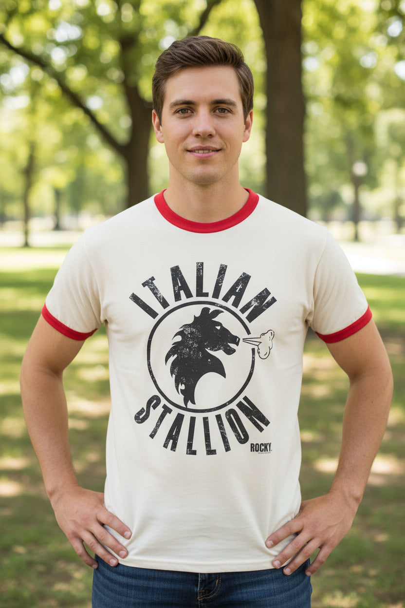 MAN WEARING White t-shirt with red trim featuring 'Italian Stallion' graphic and Rocky logo. RK5652-211S, RK5652-211M, RK5652-211L, RK5652-211XL, RK5652-211XXL