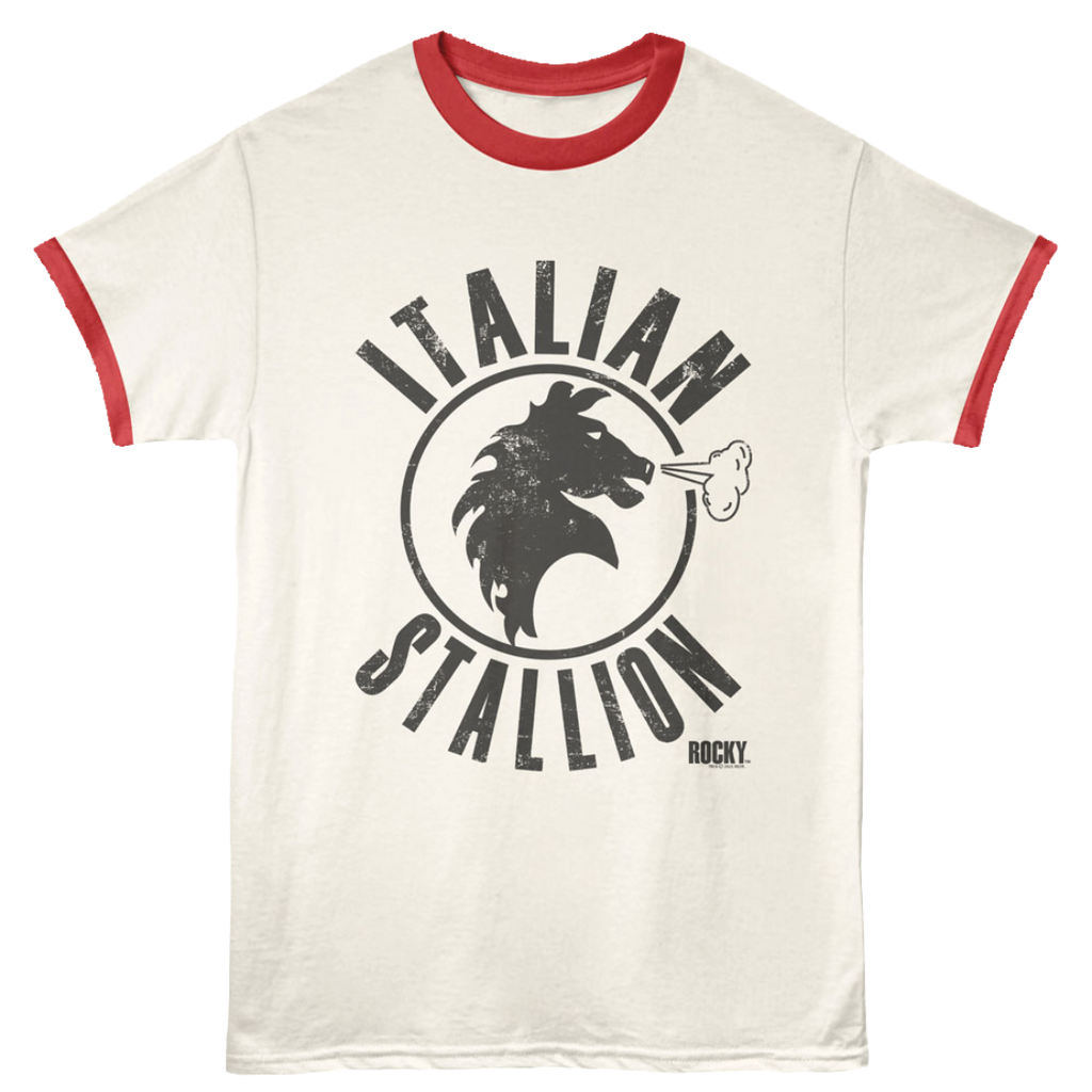 T-shirt with 'Italian Stallion' graphic and red trim on a white background
