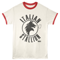 T-shirt with 'Italian Stallion' graphic and red trim on a white background