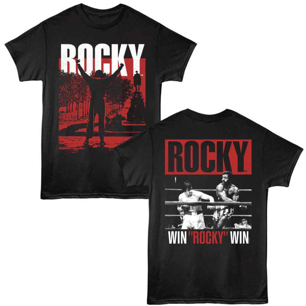 Black t-shirt with 'Rocky' graphic design on a white background