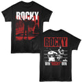 Black t-shirt with 'Rocky' graphic design on a white background