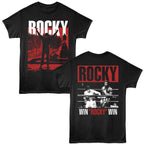 Black t-shirt with 'Rocky' graphic design on a white background