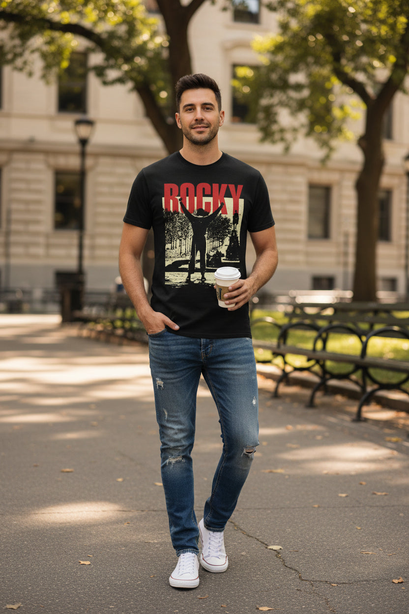 MAN WEARING ROCKY MOVIE TEE RK5658S, RK5658M, RK5658L, RK5658XL, RK5658XXL, RK5658XXXL, RK5658XXXXL, RK5658XXXXXL