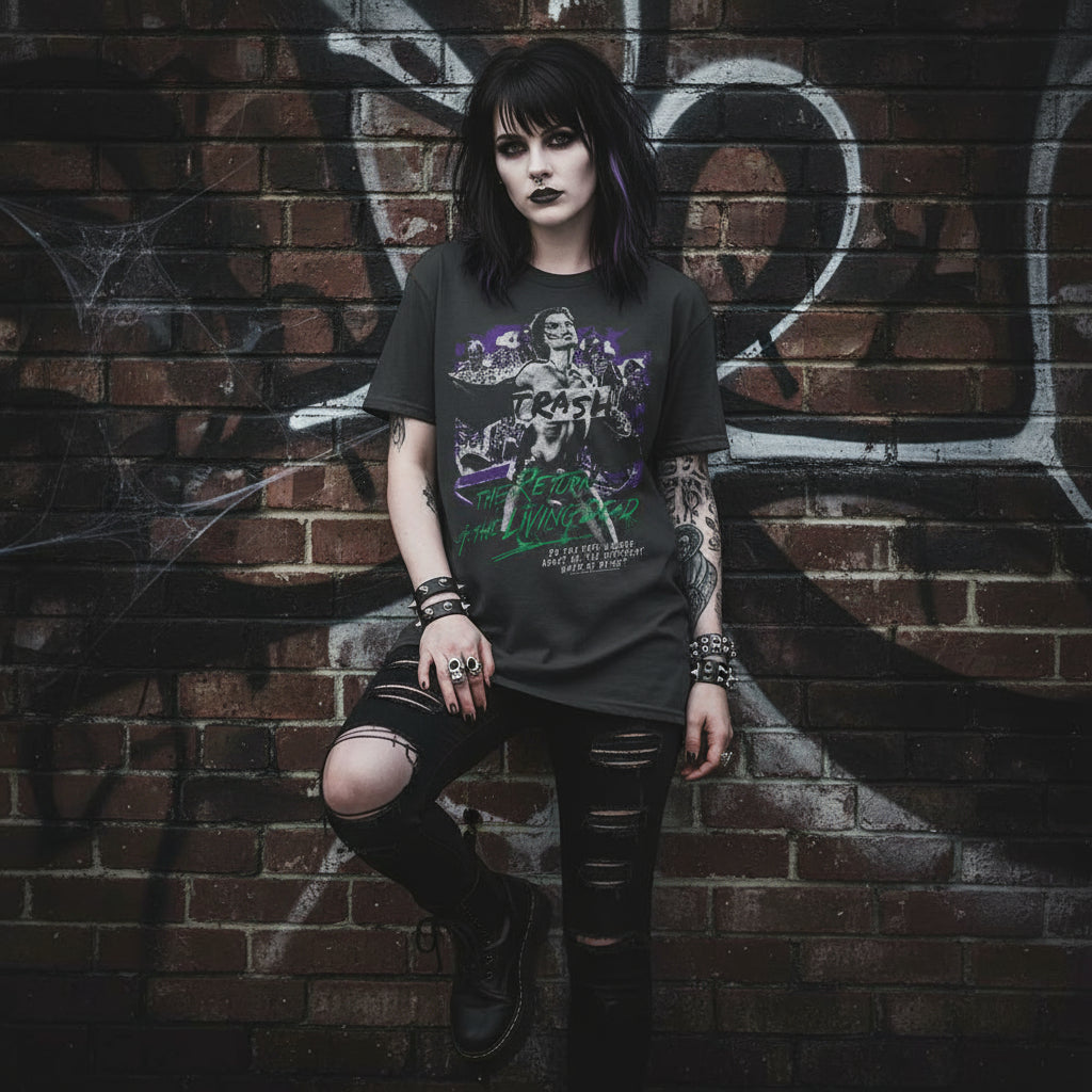 GOTH GIRL WEARING RETURN OF THE LIVING DEAD TRASH SHIRT RLD535S, RLD535M, RLD535L, RLD535XL, RLD535XXL