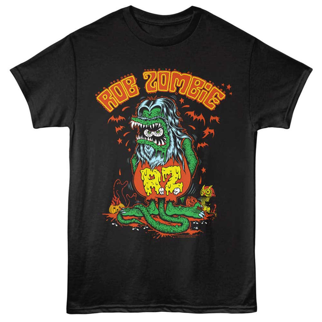 Black t-shirt with a graphic design of a zombie in a pumpkin, featuring the text 'Rob Zombie'.