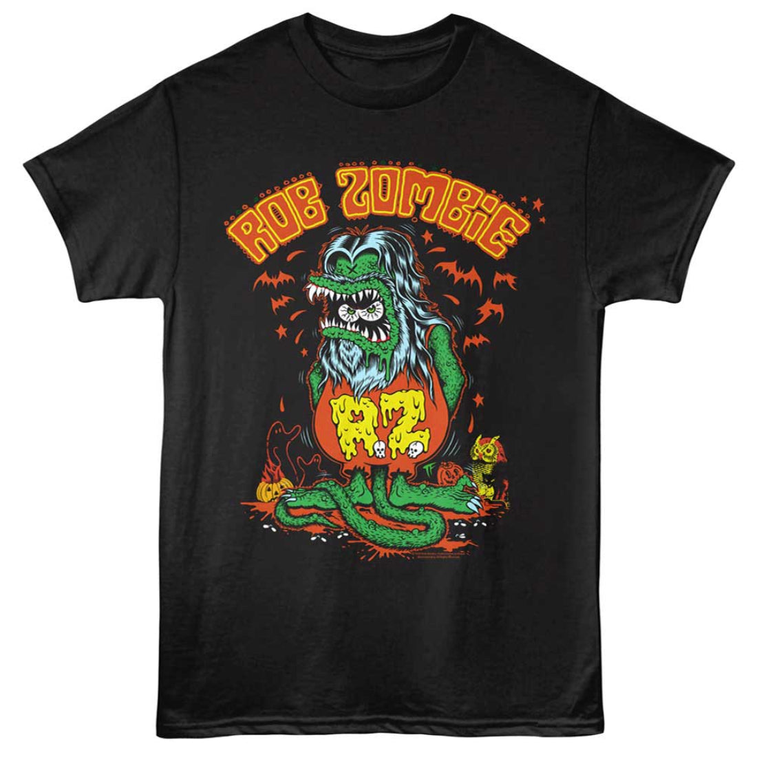Black t-shirt with a graphic design of a zombie in a pumpkin, featuring the text 'Rob Zombie'.