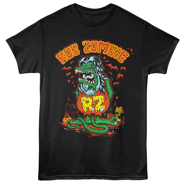 Black t-shirt with a graphic design of a zombie in a pumpkin, featuring the text 'Rob Zombie'.