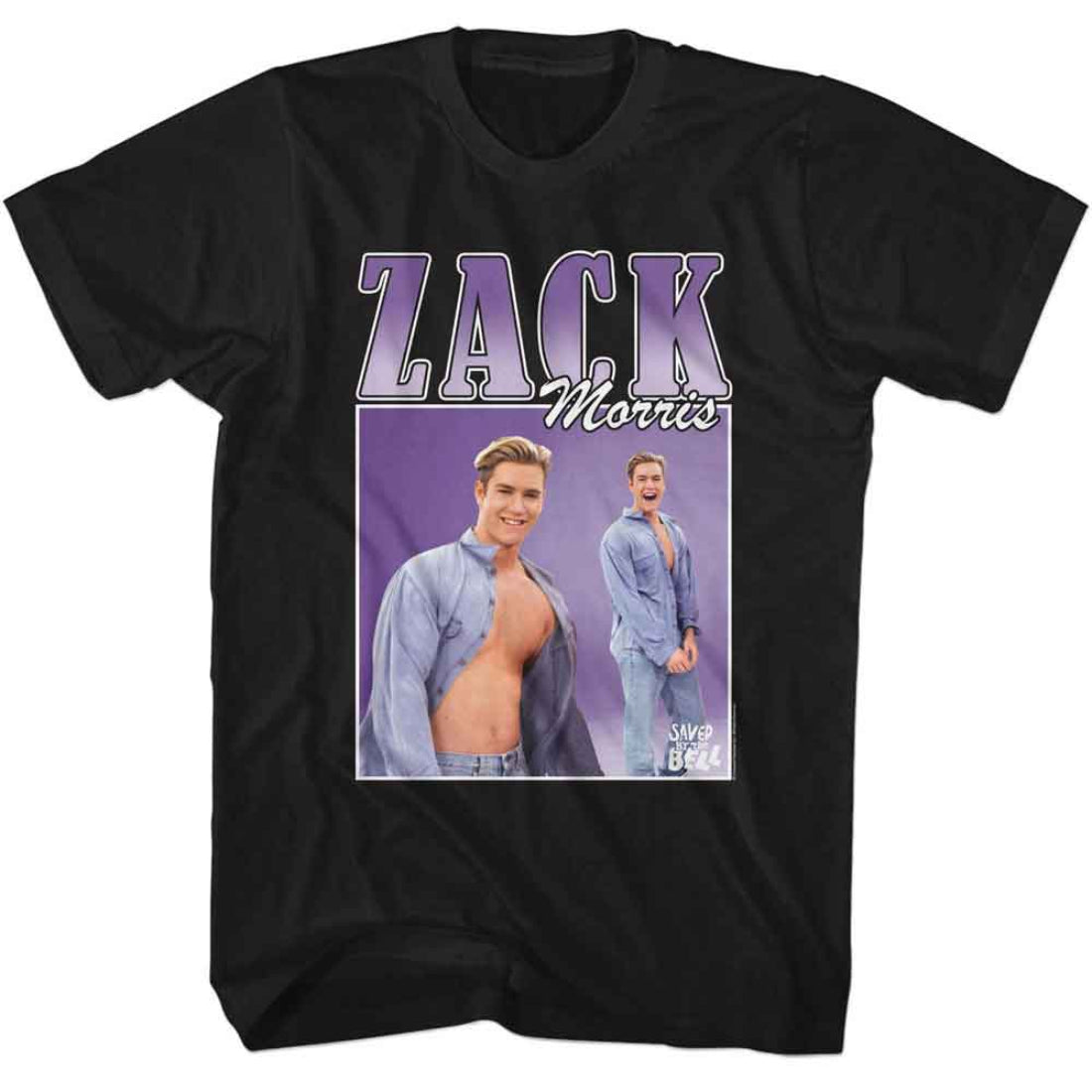 Black t-shirt with 'Zack Morris' graphic featuring a character in a blue shirt on a white background