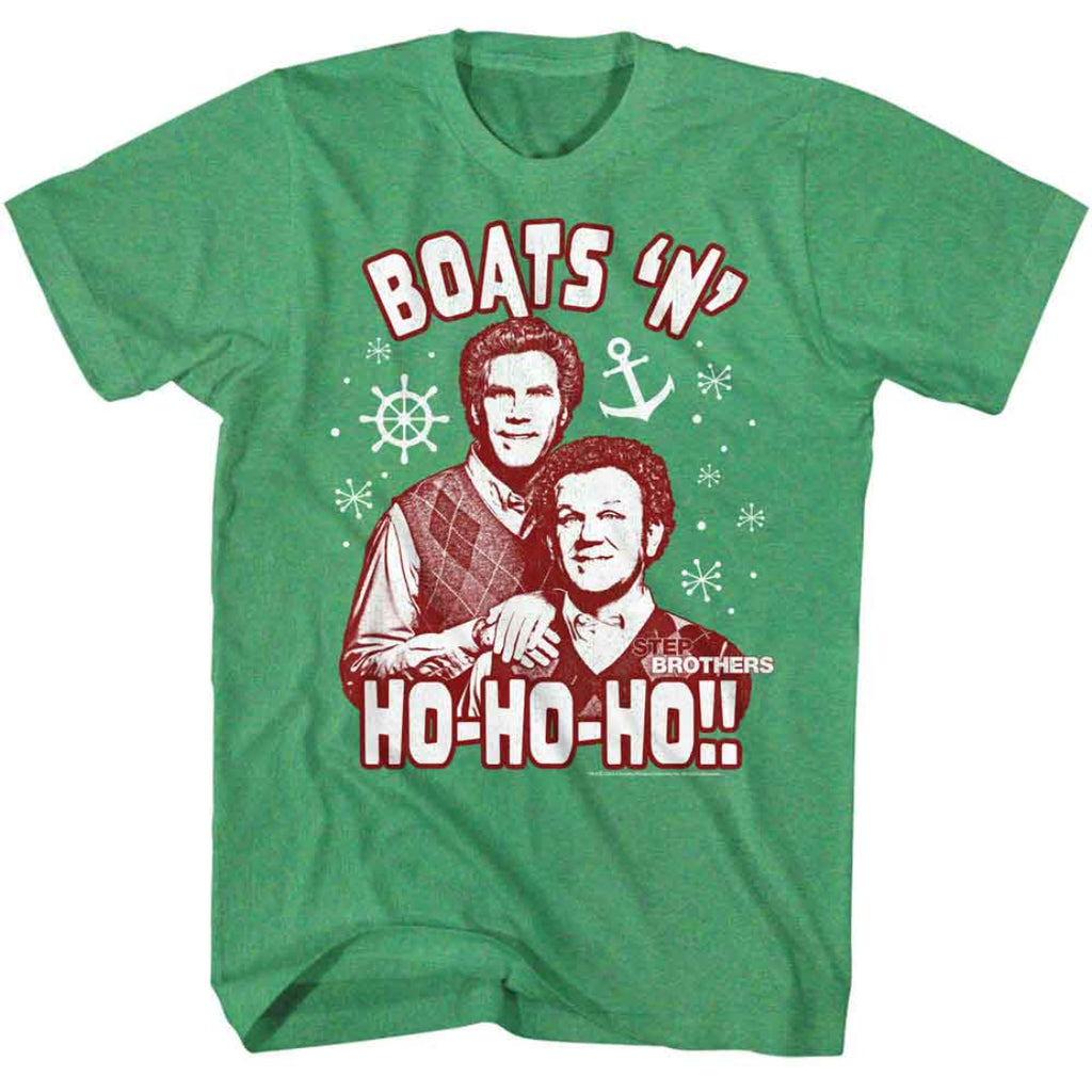 Step Brothers Green t-shirt with a graphic of two people and text 'Boats N' Ho-Ho-Ho' on a white background