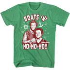 Step Brothers Green t-shirt with a graphic of two people and text 'Boats N' Ho-Ho-Ho' on a white background