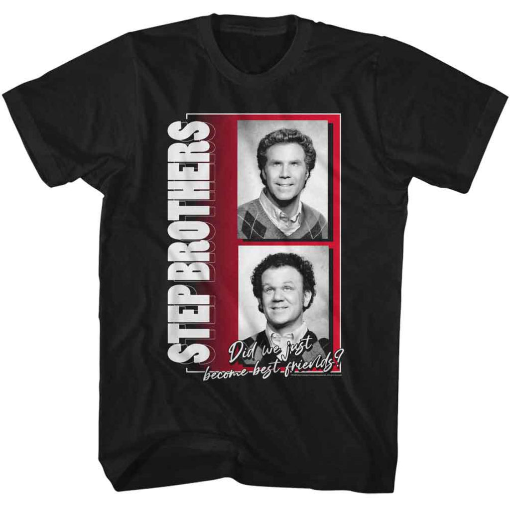 Black t-shirt with 'Step Brothers' graphic featuring two men's portraits and text on a white background