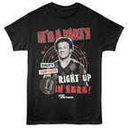 Black STEP BROTHERS t-shirt with a graphic of a man and text 'It's a Party Dale's Top Hits Right Up In Here! Step Brothers' on a white background.