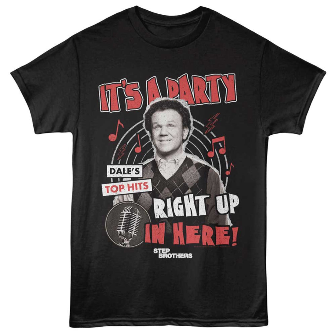 Black STEP BROTHERS t-shirt with a graphic of a man and text 'It's a Party Dale's Top Hits Right Up In Here! Step Brothers' on a white background.