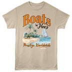 Beige STEP BROTHERS t-shirt with 'Boats n Hoes' graphic design featuring palm trees and a sailboat.