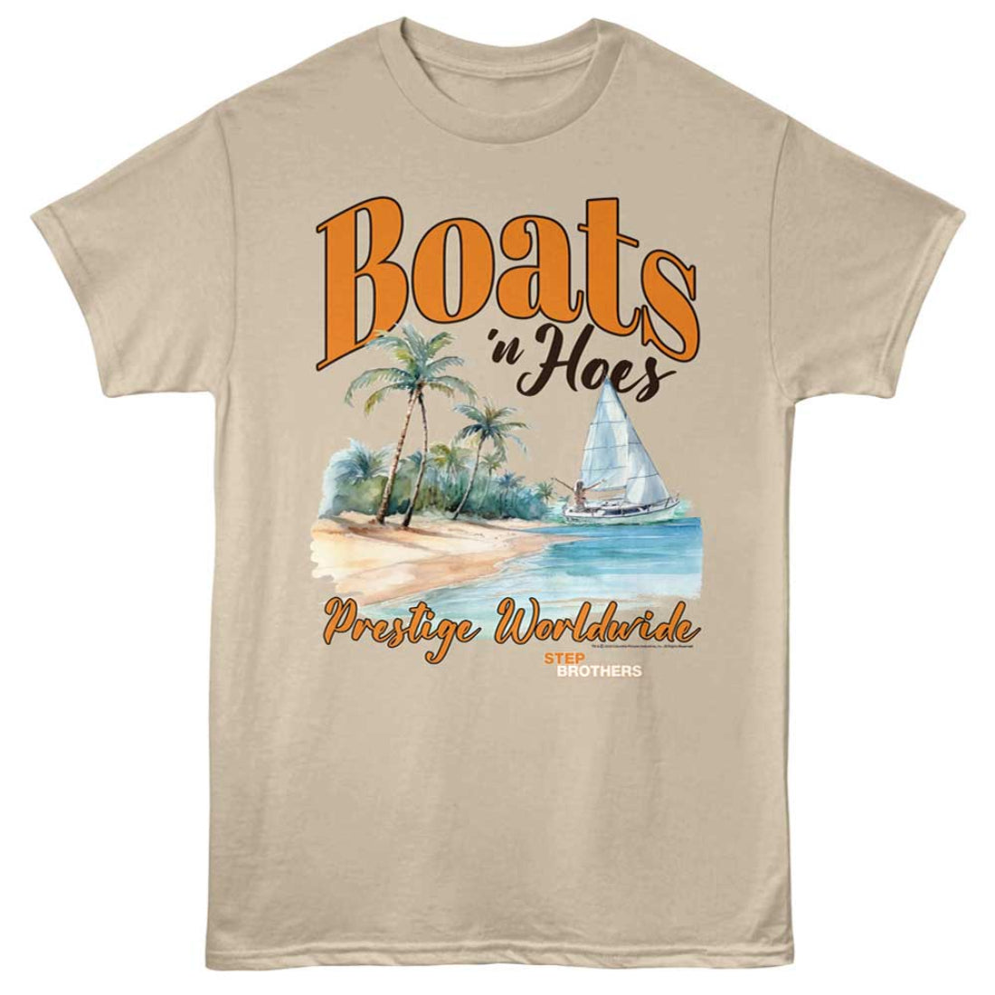 Beige STEP BROTHERS t-shirt with 'Boats n Hoes' graphic design featuring palm trees and a sailboat.