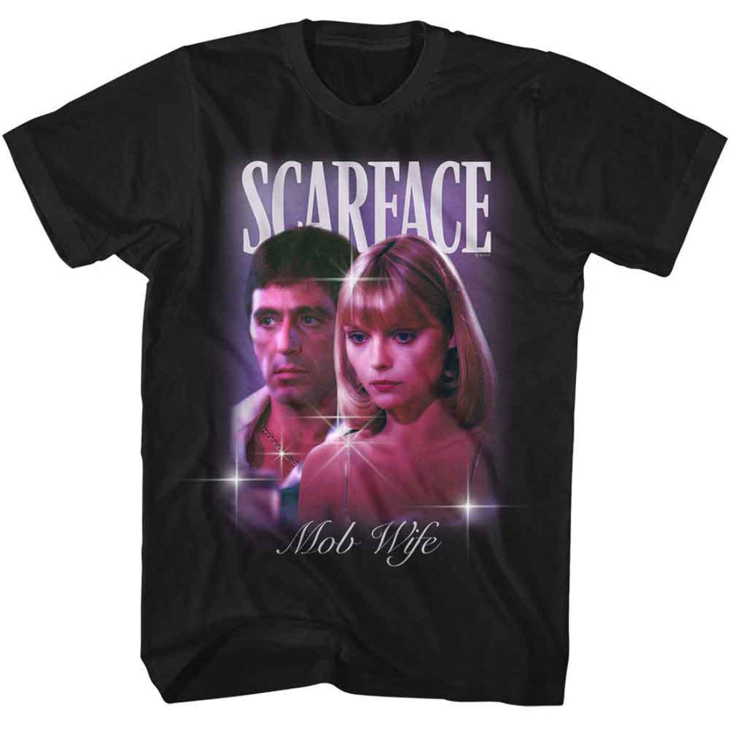Black t-shirt with 'Scarface' graphic featuring a man and woman, and 'Mob Wife' text.