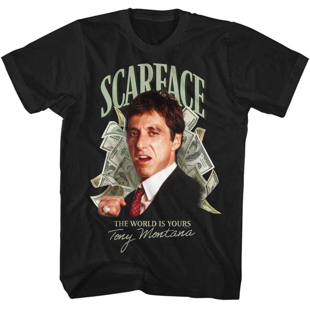 Black t-shirt with 'Scarface' graphic featuring a person holding money and text.