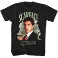 Black t-shirt with 'Scarface' graphic featuring a person holding money and text.
