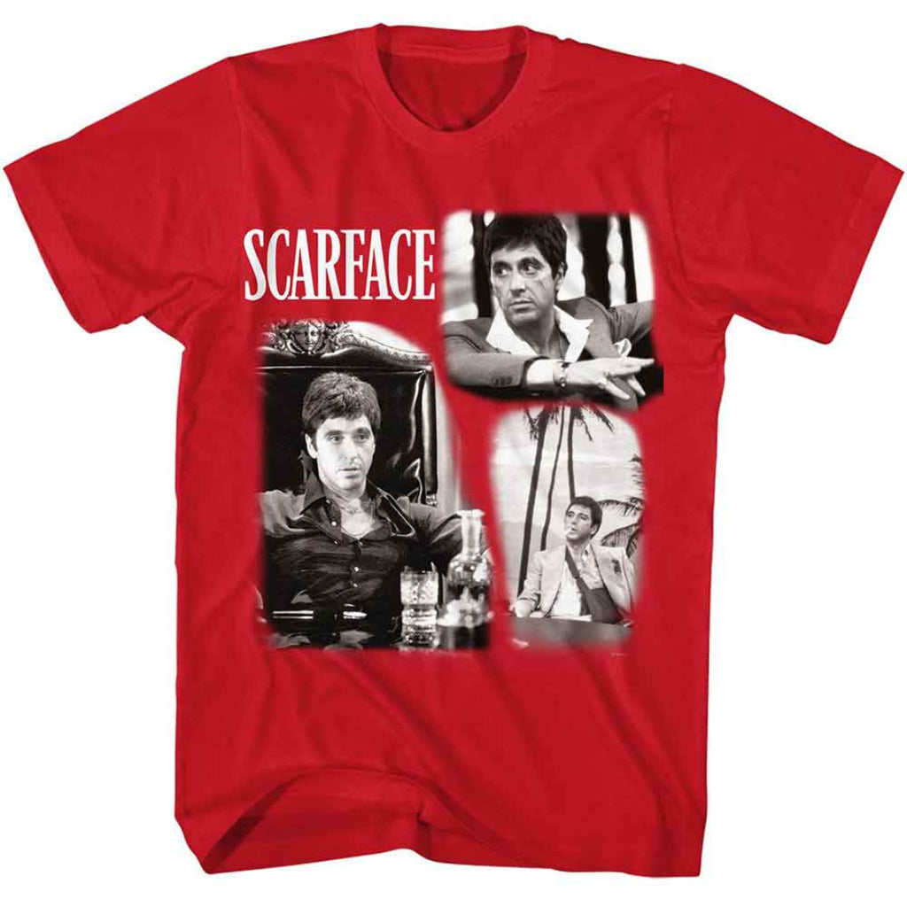 Red t-shirt with 'Scarface' graphic featuring a collage of images and text.