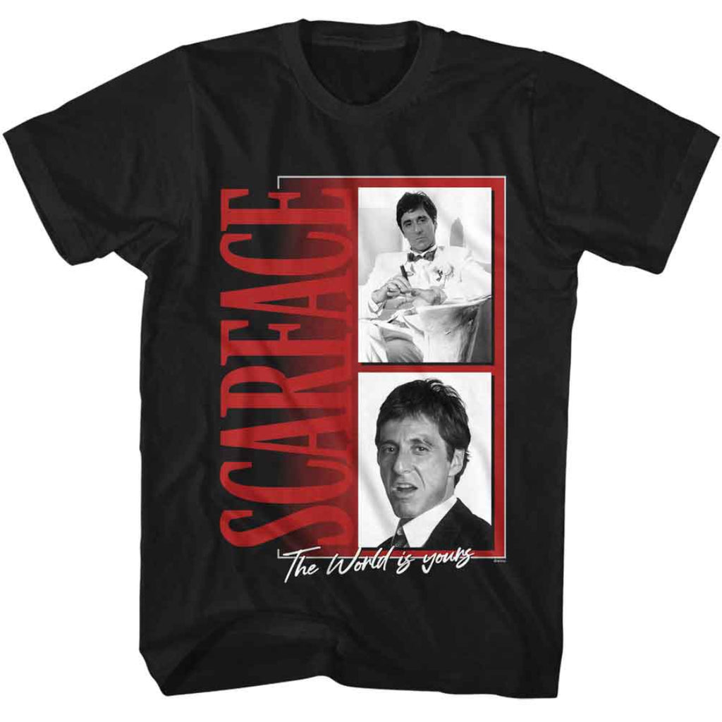 Black t-shirt with 'Scarface' graphic design featuring a collage of a man and text on a white background.