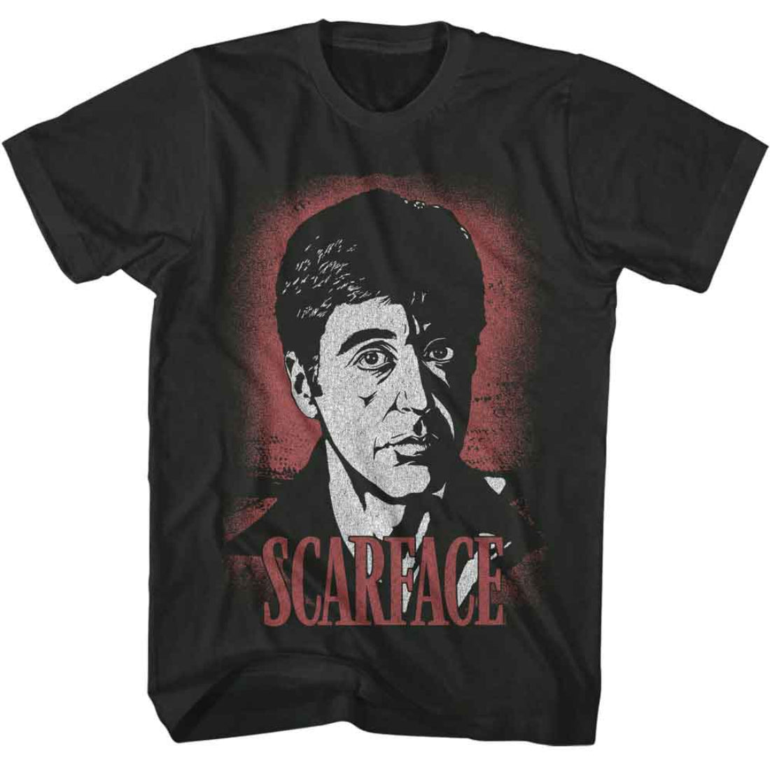 dark grey t-shirt with a graphic of a face and 'Scarface' text on a white background