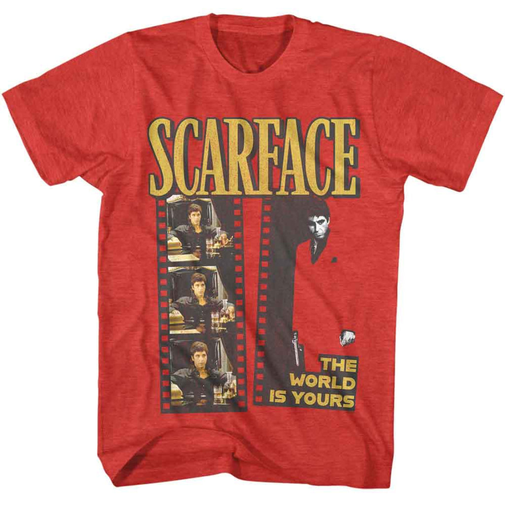 Red t-shirt with 'Scarface' graphic design featuring a character and text on a white background