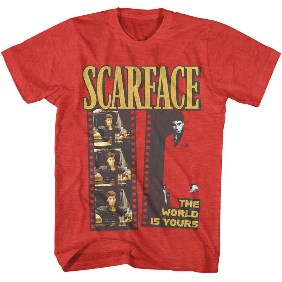 Red t-shirt with 'Scarface' graphic design featuring a character and text on a white background