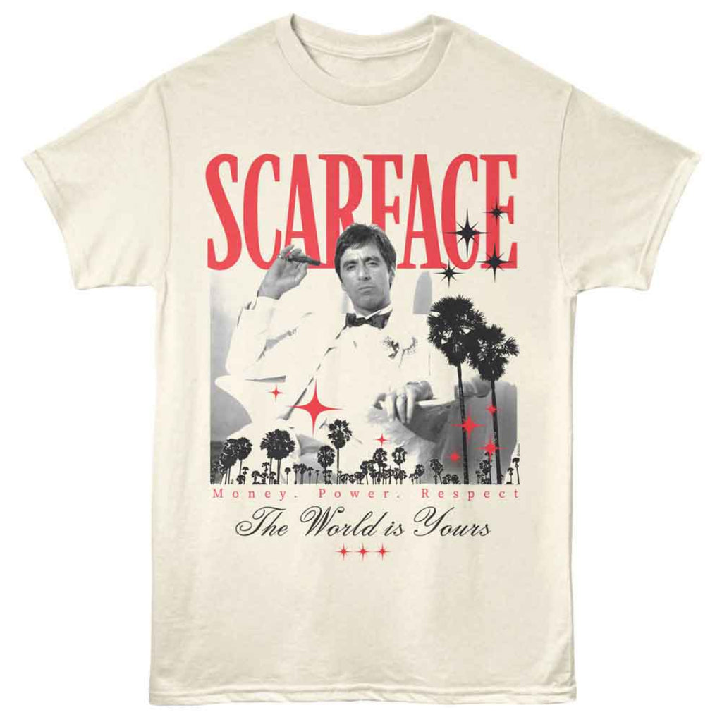 T-shirt with 'Scarface' graphic design featuring a character and text on a white background