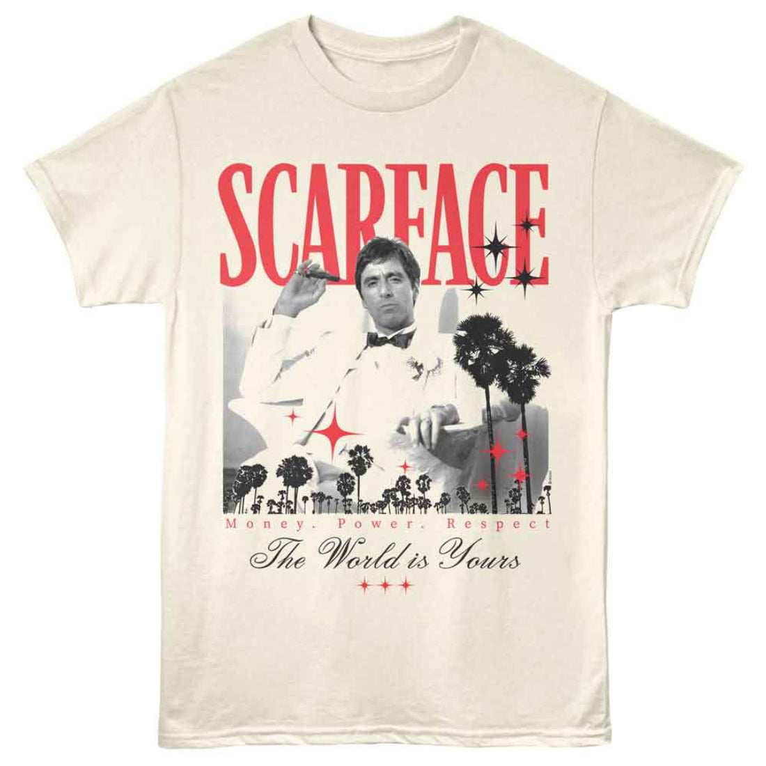 T-shirt with 'Scarface' graphic design featuring a character and text on a white background