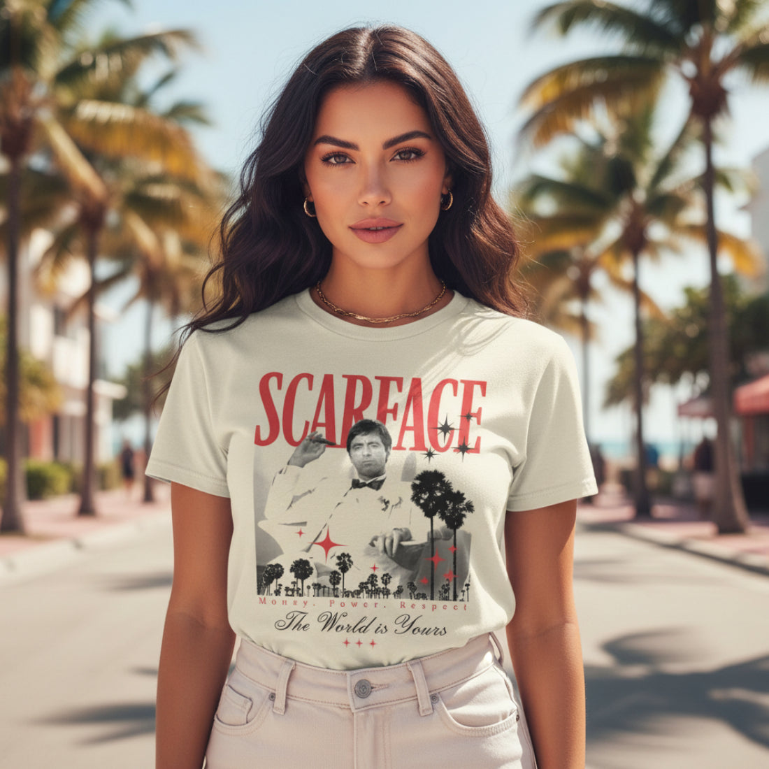 WOMAN WEARING T-shirt with 'Scarface' graphic design featuring a character and text SF5296S, SF5296M, SF5296L, SF5296XL, SF5296XXL, SF5296XXXL, SF5296XXXXL