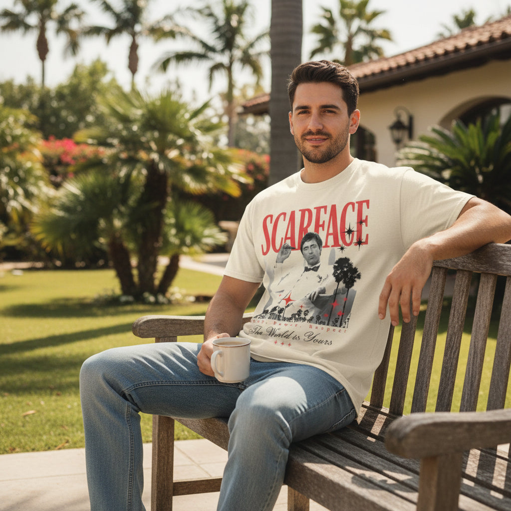 Man wearing T-shirt with 'Scarface' graphic design featuring a character and text  SF5296S, SF5296M, SF5296L, SF5296XL, SF5296XXL, SF5296XXXL, SF5296XXXXL