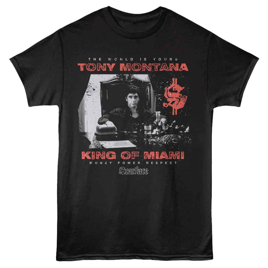 Black t-shirt with a graphic of a man in a chair and text, featuring Tony Montana from 'Scarface'.