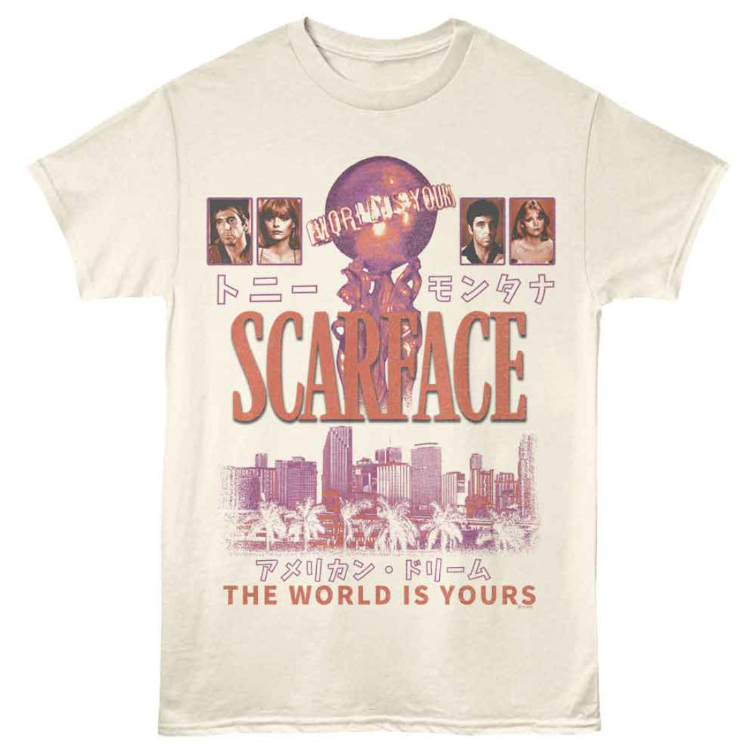 Beige t-shirt with 'Scarface' graphic design featuring city skyline and text.